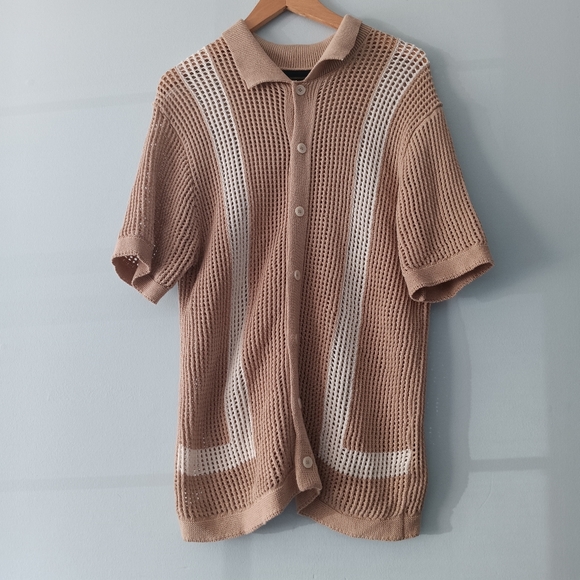 Massive Luxury Edition Beige Brown Open Knit Button Cotton Shirt Small - Picture 1 of 7